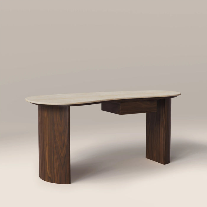 Lois 1 Drawer Desk Natural Travertine Effect Sintered Stone & Walnut
