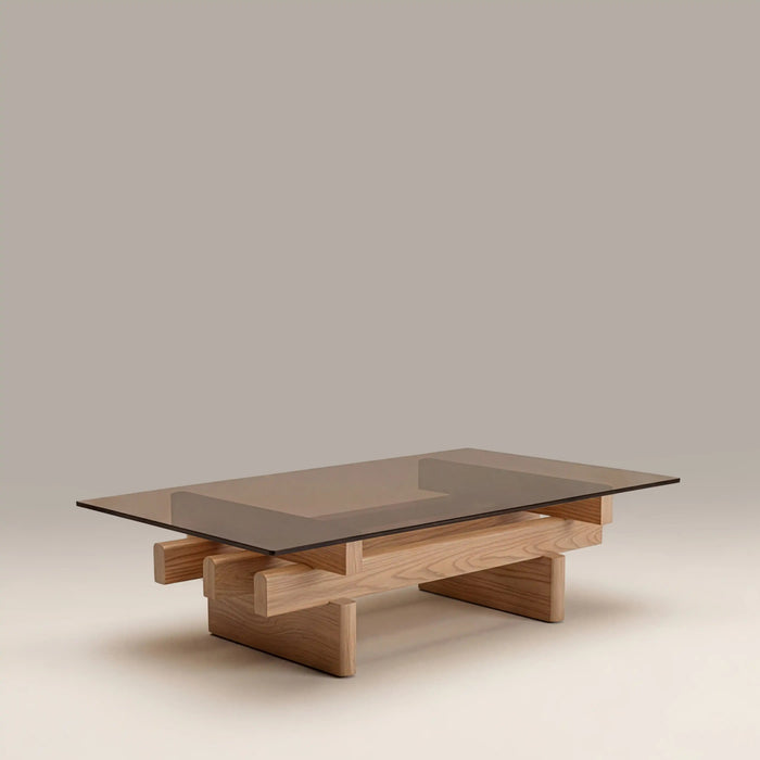 Line Rectangle Coffee Table Amber Brown Glass & Natural