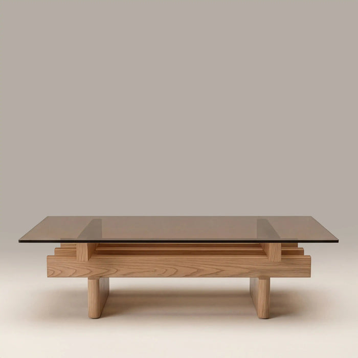 Line Rectangle Coffee Table Amber Brown Glass & Natural