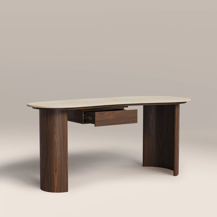 Lois 1 Drawer Desk Natural Travertine Effect Sintered Stone & Walnut