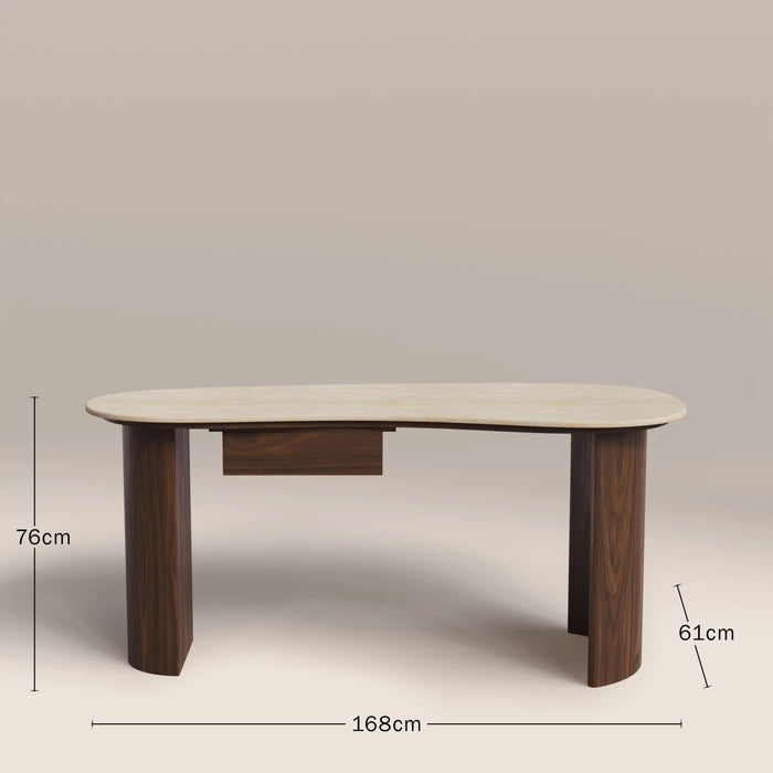 Lois 1 Drawer Desk Natural Travertine Effect Sintered Stone & Walnut