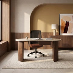 Lois 1 Drawer Desk | Natural Travertine Effect Sintered Stone & Walnut