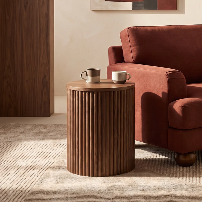 Brey Round Wooden Storage Side Table Walnut