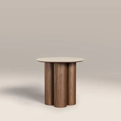 Noelle Round Side Table | Natural Travertine Effect Sintered Stone & Walnut