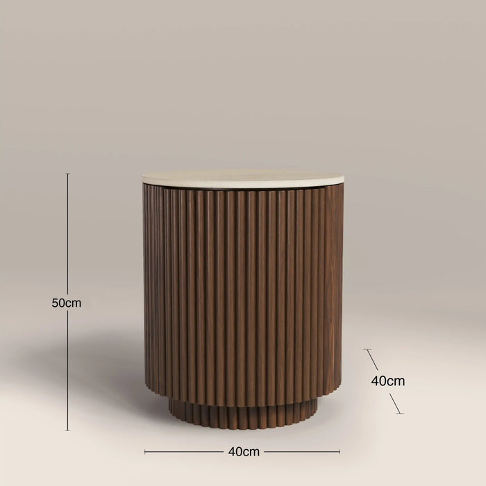 Everly Round Storage Side Table Natural Travertine Effect Sintered Stone & Walnut