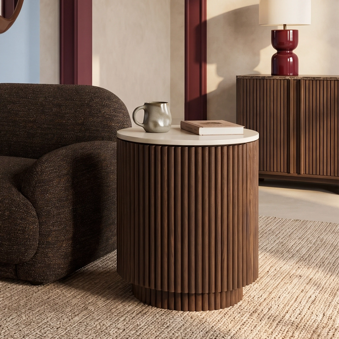 Everly Round Storage Side Table Natural Travertine Effect Sintered Stone & Walnut