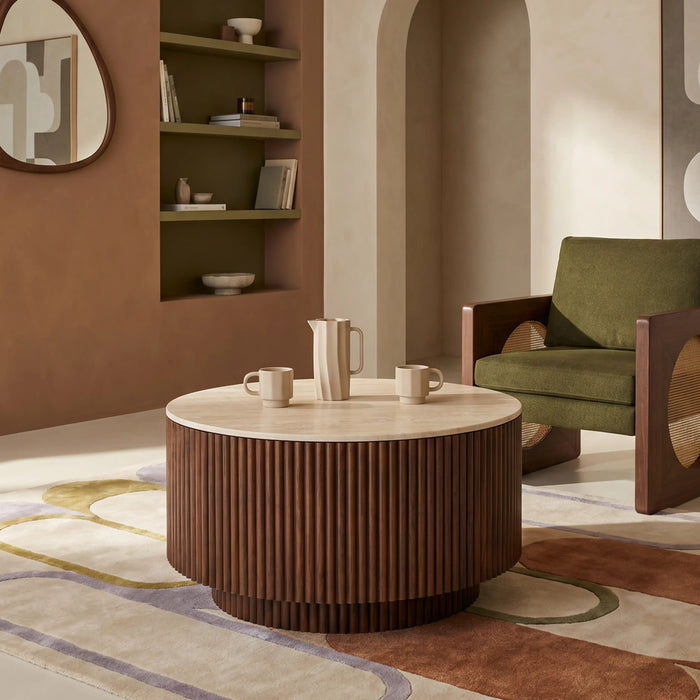 Everly Round Storage Coffee Table Natural Travertine Effect Sintered Stone & Walnut
