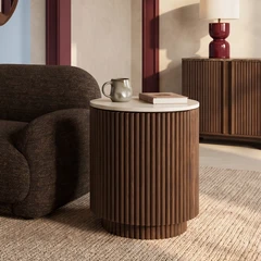 Everly Round Storage Side Table | Natural Travertine Effect Sintered Stone & Walnut