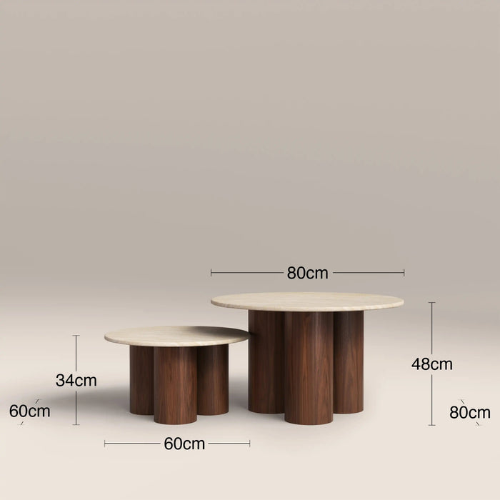 Brynleigh Set of 2 Round Nesting Coffee Tables Natural Travertine Effect Sintered Stone & Walnut