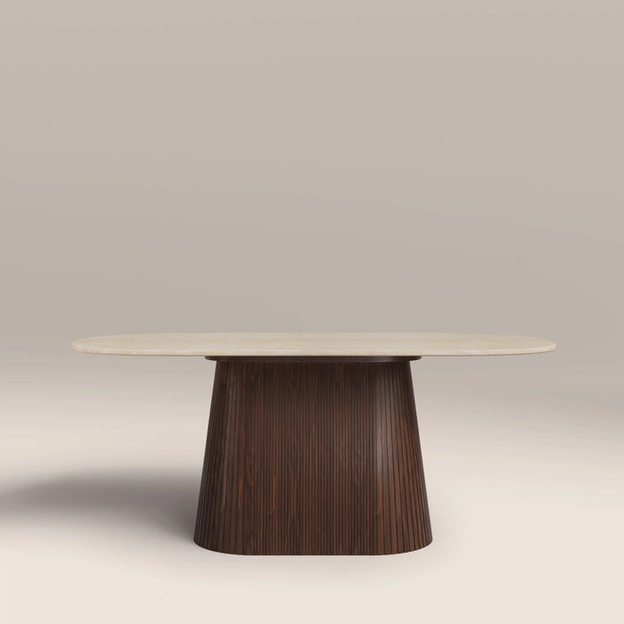 Oxborough 6 Seat Oval Dining Table Natural Travertine Effect Sintered Stone & Walnut