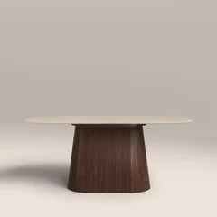 Oxborough 6 Seat Oval Dining Table | Natural Travertine Effect Sintered Stone & Walnut