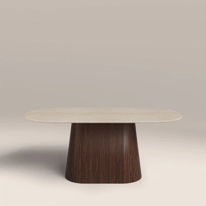 Oxborough 6 Seat Oval Dining Table Natural Travertine Effect Sintered Stone & Walnut