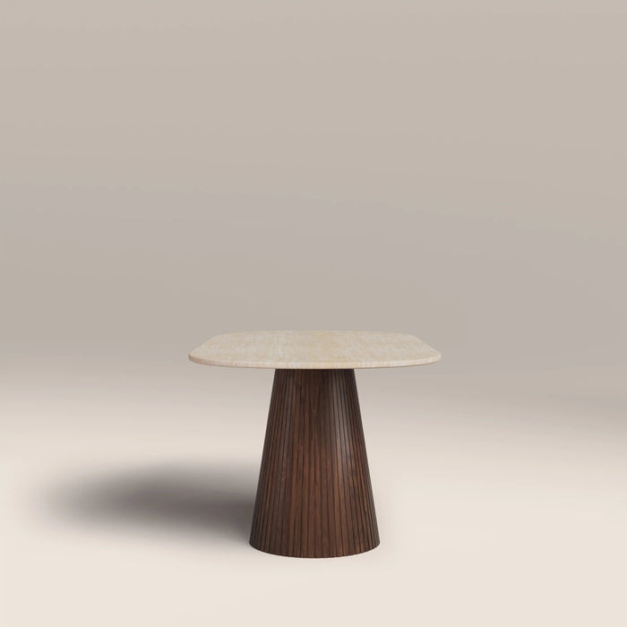 Oxborough 6 Seat Oval Dining Table Natural Travertine Effect Sintered Stone & Walnut