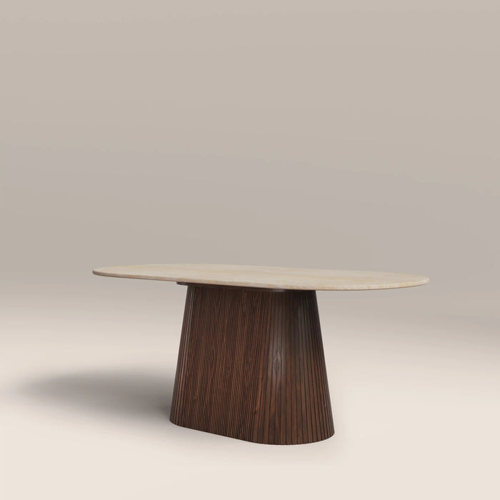 Oxborough 6 Seat Oval Dining Table Natural Travertine Effect Sintered Stone & Walnut