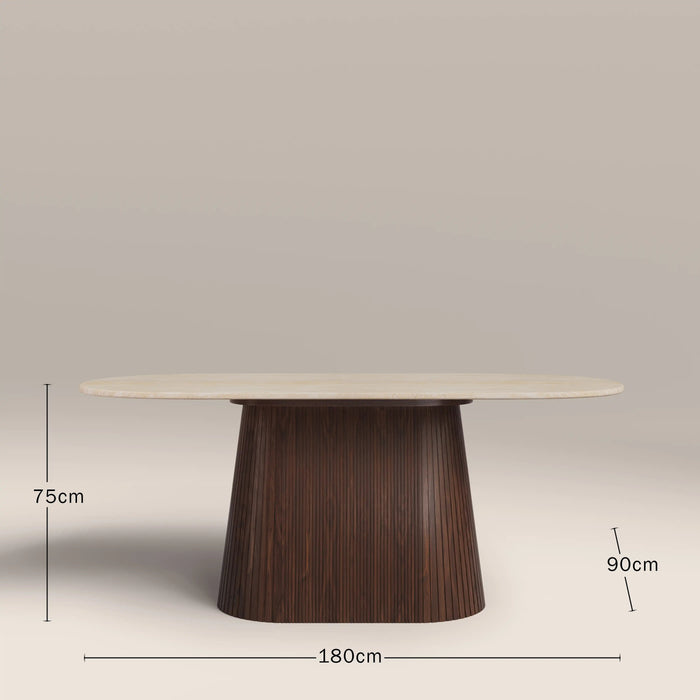 Oxborough 6 Seat Oval Dining Table Natural Travertine Effect Sintered Stone & Walnut