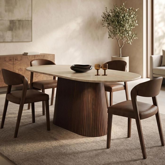 Oxborough 6 Seat Oval Dining Table Natural Travertine Effect Sintered Stone & Walnut