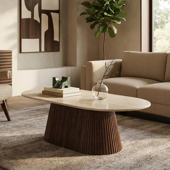 Oxborough Oval Coffee Table Natural Travertine Effect Sintered Stone & Walnut