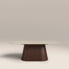 Oxborough Oval Coffee Table | Natural Travertine Effect Sintered Stone & Walnut