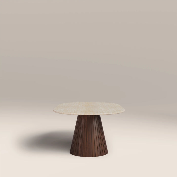 Oxborough Oval Coffee Table Natural Travertine Effect Sintered Stone & Walnut