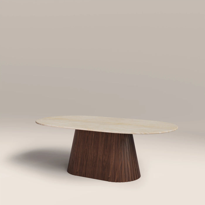 Oxborough Oval Coffee Table Natural Travertine Effect Sintered Stone & Walnut