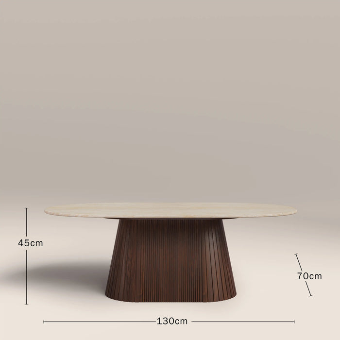 Oxborough Oval Coffee Table Natural Travertine Effect Sintered Stone & Walnut