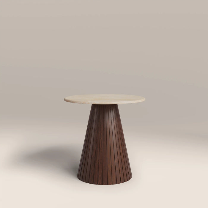 Oxborough Round Side Table Natural Travertine Effect Sintered Stone & Walnut