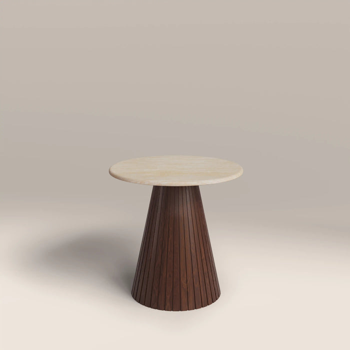 Oxborough Round Side Table Natural Travertine Effect Sintered Stone & Walnut