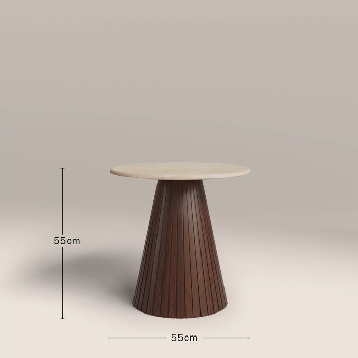 Oxborough Round Side Table Natural Travertine Effect Sintered Stone & Walnut