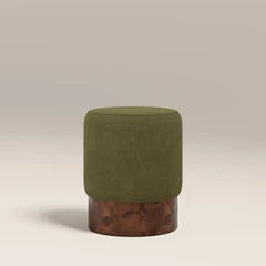 Marie Pouffe | Moss Green Sustainable Mohair Velvet & Walnut Burl Wood
