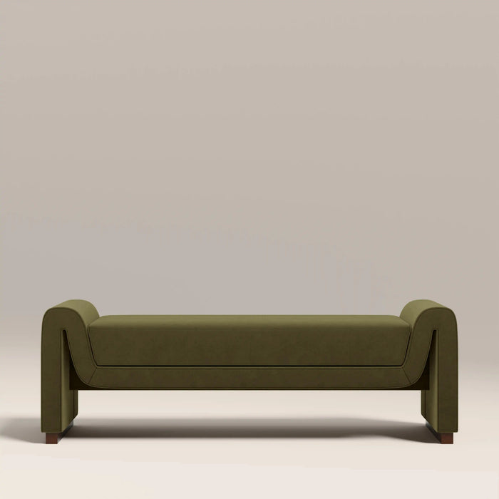 Bennett 3 Seater Bench Moss Green Sustainable Mohair Velvet & Walnut