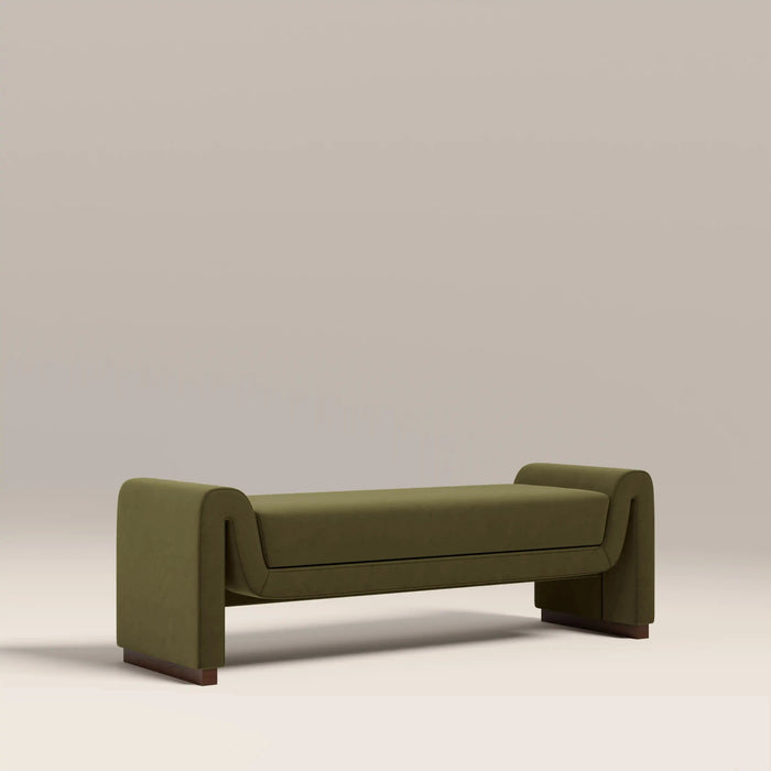 Bennett 3 Seater Bench Moss Green Sustainable Mohair Velvet & Walnut