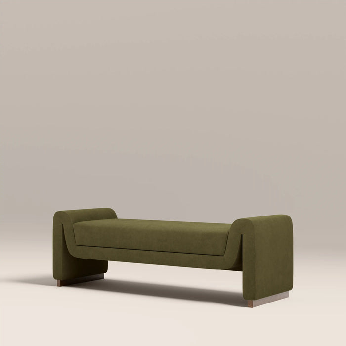 Bennett 3 Seater Bench Moss Green Sustainable Mohair Velvet & Walnut