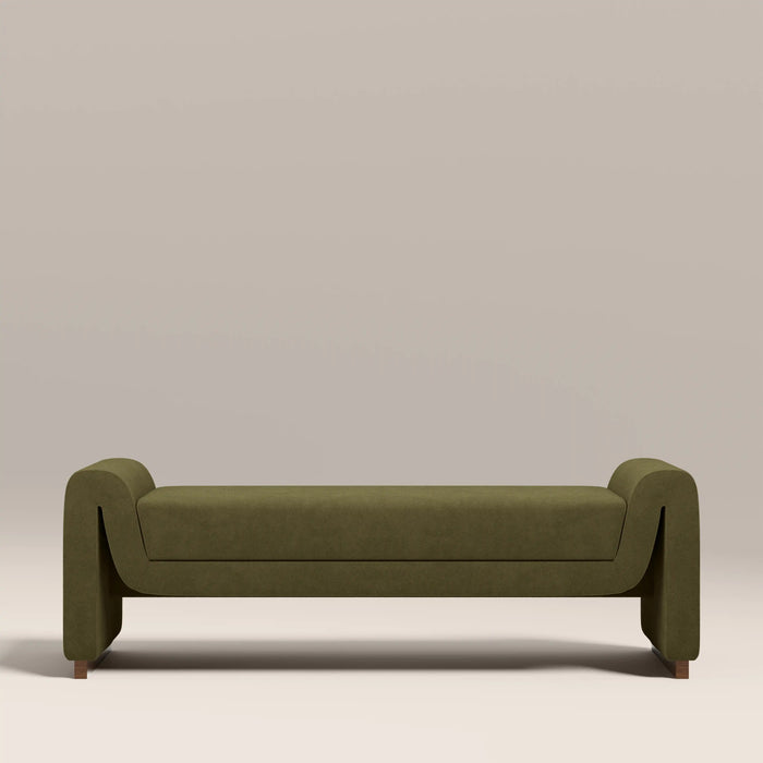Bennett 3 Seater Bench Moss Green Sustainable Mohair Velvet & Walnut