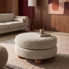 Hazel Footstool | Speckled Stone Sustainable Boucle & Walnut