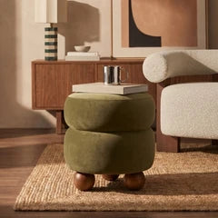 Hazel Pouffe | Moss Green Sustainable Mohair Velvet & Walnut