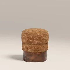 Neva Pouffe | Speckled Honey Sustainable Boucle & Walnut Burl Wood