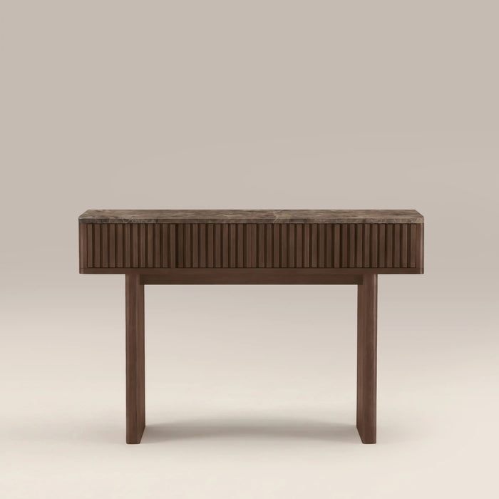Janis 2 Drawer Console Table Emperador Brown Honed Marble & Walnut