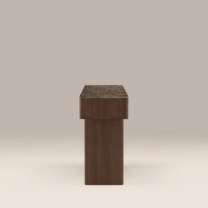 Janis 2 Drawer Console Table Emperador Brown Honed Marble & Walnut