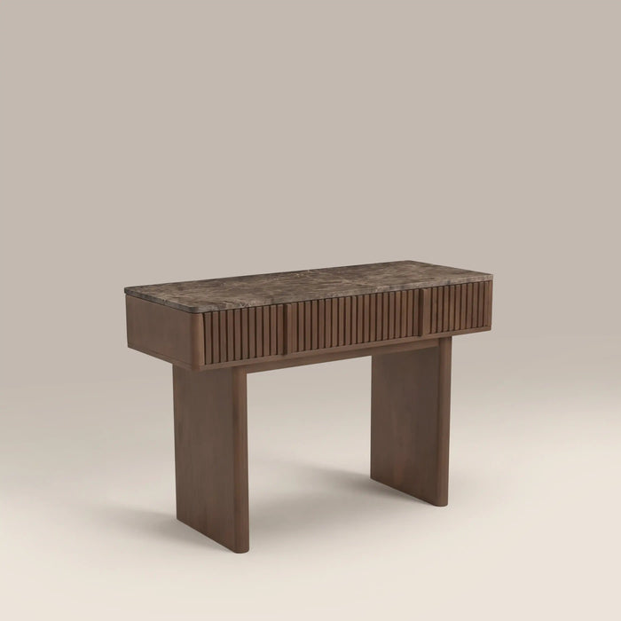 Janis 2 Drawer Console Table Emperador Brown Honed Marble & Walnut