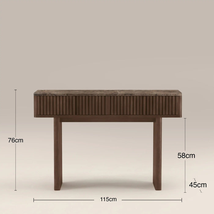 Janis 2 Drawer Console Table Emperador Brown Honed Marble & Walnut