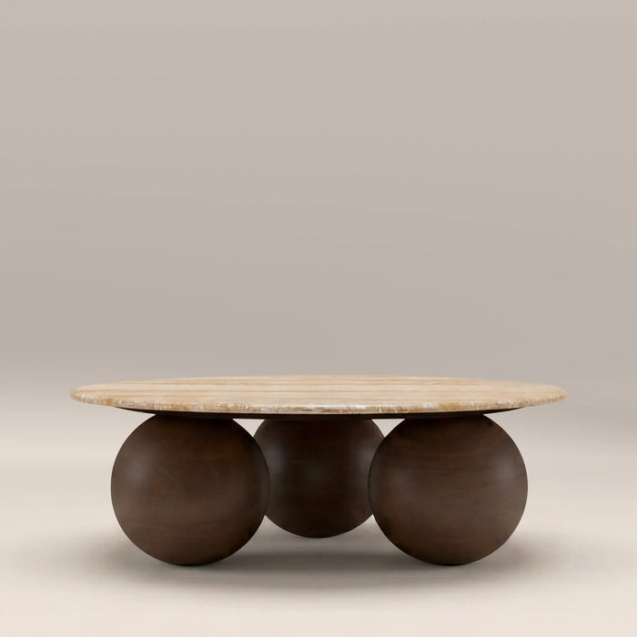 Akira Round Coffee Table Natural Travertine & Walnut
