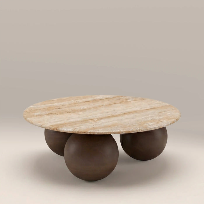 Akira Round Coffee Table Natural Travertine & Walnut