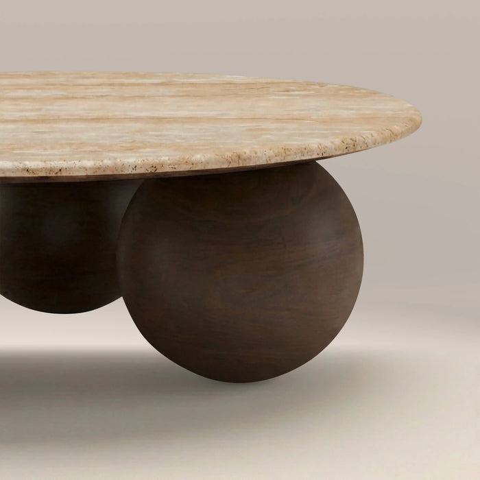 Akira Round Coffee Table Natural Travertine & Walnut
