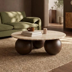 Akira Round Coffee Table | Natural Travertine & Walnut