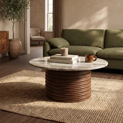 Dita Round Coffee Table | French Riviera Honed Marble & Walnut