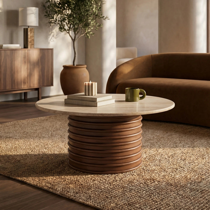 Dita Round Coffee Table Natural Travertine & Walnut