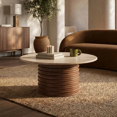 Dita Round Coffee Table | Natural Travertine & Walnut