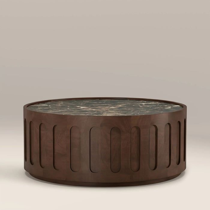 Juno Round Coffee Table Emperador Brown Honed Marble & Walnut