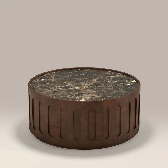 Juno Round Coffee Table Emperador Brown Honed Marble & Walnut