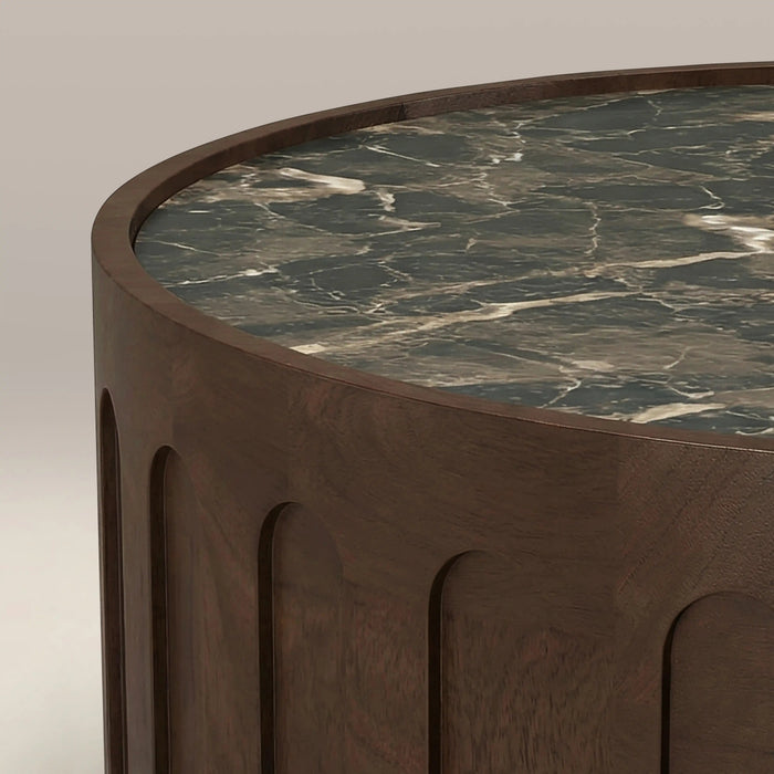 Juno Round Coffee Table Emperador Brown Honed Marble & Walnut